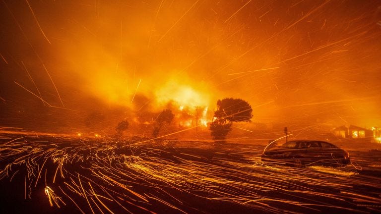 The wind whips up embers from the Palisades fire.
Pic: Reuters/Ringo Chiu The wind whips up embers from the Palisades fire.
Pic: Reuters/Ringo Chiu