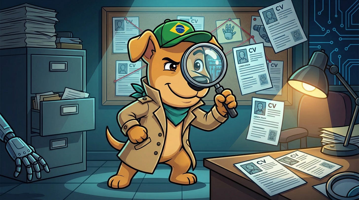 Gringo detetive investigando currículos falsos gerados por IA