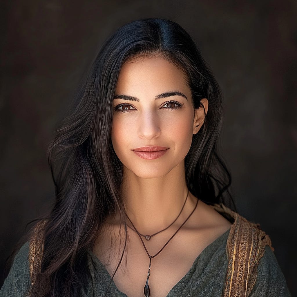 A reimagined portrait of Liat Portal created using MidJourney, featuring long dark hair, a deep green embroidered shawl, and a double-layered necklace, set against a softly lit dark background.