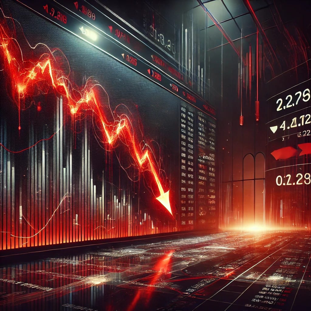 A dramatic and symbolic representation of the Sensex stock market crashing. The image shows a large digital screen displaying the Sensex index in red, with a steep downward curve. The background is dark and filled with flashing numbers and symbols to emphasize the intensity of the crash. A graph with sharp downward spikes is visible, and the atmosphere is tense, reflecting the financial panic. The color scheme uses red and black to symbolize a market crash. The scene looks chaotic and urgent, with a sense of panic and turmoil.