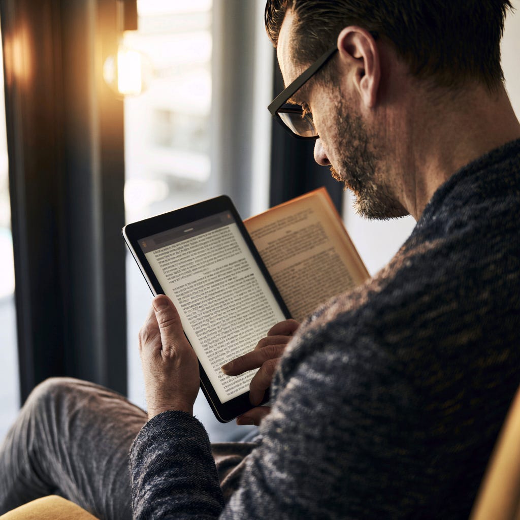a man wearing glasses reads content on a digital tablet while holding an open book