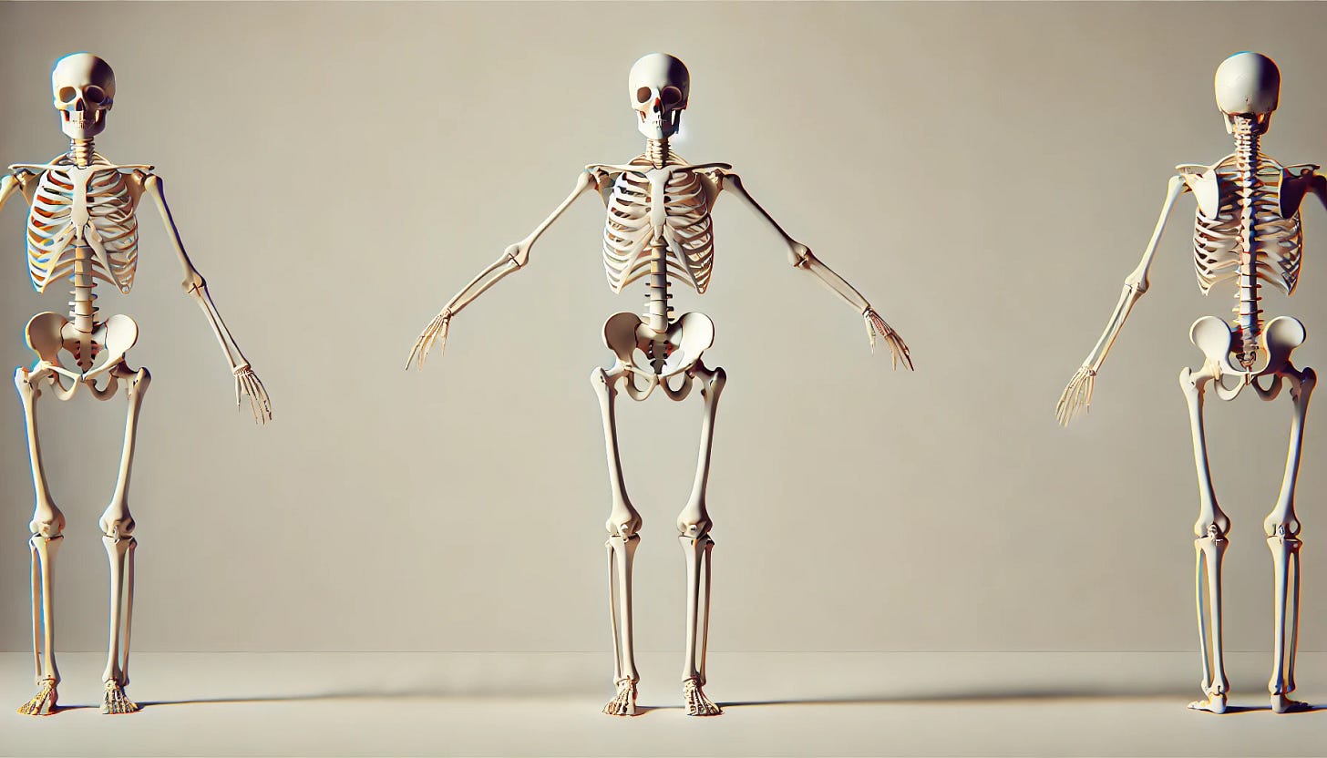 A minimalist surreal image of a full skeleton in anatomical position. The skeleton should be clean and simple, standing upright with arms at the sides and palms facing forward. The background should be neutral and uncluttered, using neutral tones to highlight the structure and form of the bones. Avoid any additional elements, labels, text, pastel, and neon colors. A minimalist surreal image of a full skeleton in anatomical position. The skeleton should be clean and simple, standing upright with arms at the sides and palms facing forward. The background should be neutral and uncluttered, using neutral tones to highlight the structure and form of the bones. Avoid any additional elements, labels, text, pastel, and neon colors.