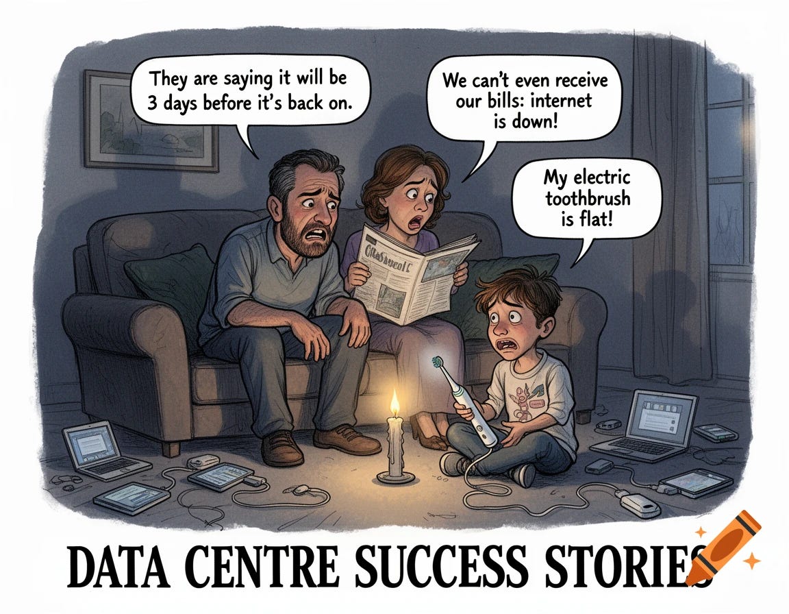 deep satire political illustration: A New Zealand family huddled around a candle at night. Father says "They are saying it will be 3 days before it's back on." Wife: "We can't even receive our bills: internet is down!" Kid says "My electric toothbrush is flat!" Underneath the illustration is the title "DATA CENTRE SUCCESS STORIES" deep satire political illustration: A New Zealand family huddled around a candle at night. Father says "They are saying it will be 3 days before it's back on." Wife: "We can't even receive our bills: internet is down!" Kid says "My electric toothbrush is flat!" Underneath the illustration is the title "DATA CENTRE SUCCESS STORIES"