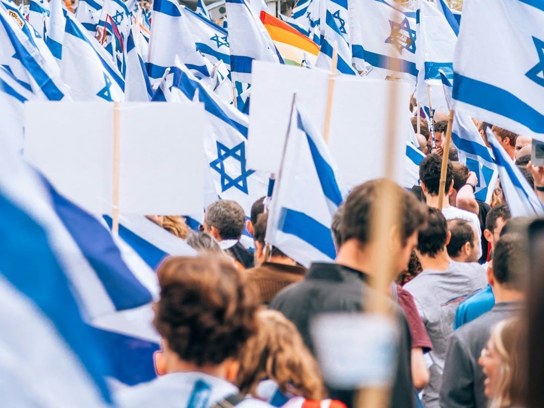 a large group of people holding flags in the street