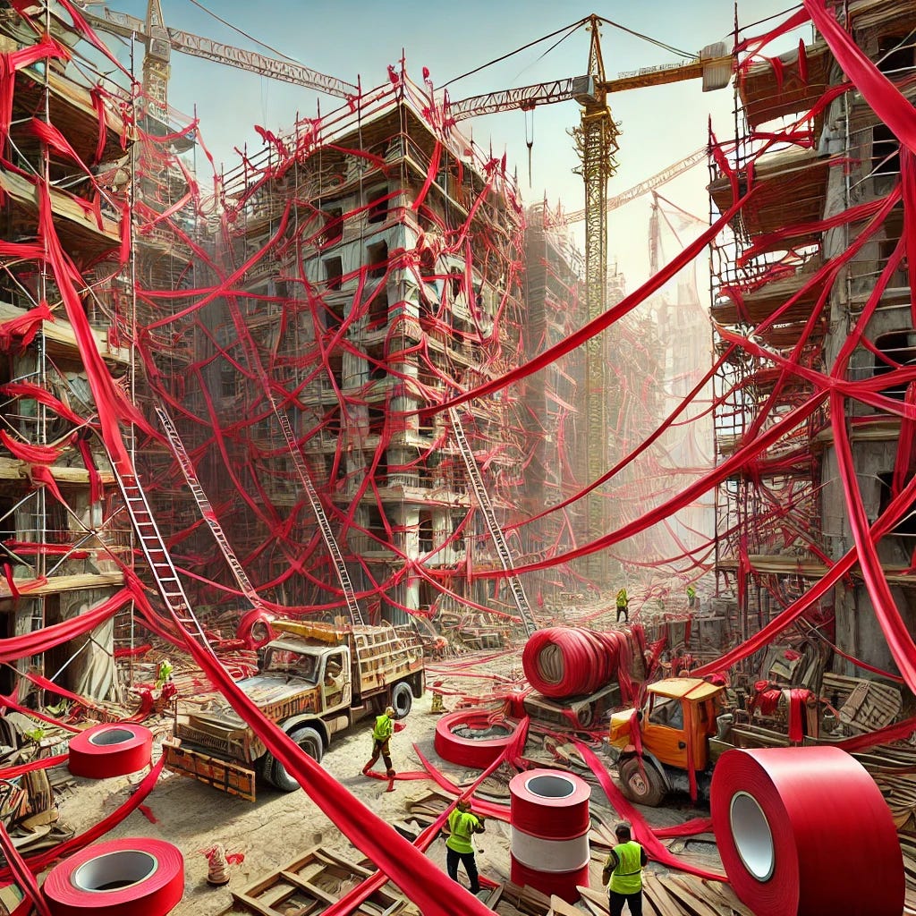 A highly detailed depiction of a construction site heavily wrapped in red tape, with less green tape. The tape is crisscrossed across scaffolding, cranes, and unfinished buildings, dominating the scene. Workers are visible in the background, appearing perplexed or trying to navigate around the tape. The setting includes construction materials and tools scattered around, emphasizing a surreal and exaggerated atmosphere caused by the overwhelming presence of red tape.