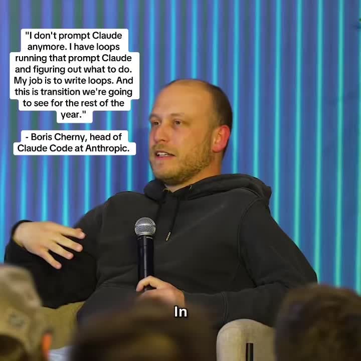 Prompting AI is over., A year ago, Boris Cherny wrote code in an IDE with  autocomplete. Then he switched to prompting Claude directly: running 5-10  sessions in parallel., Now? He doesn't even prompt… ...