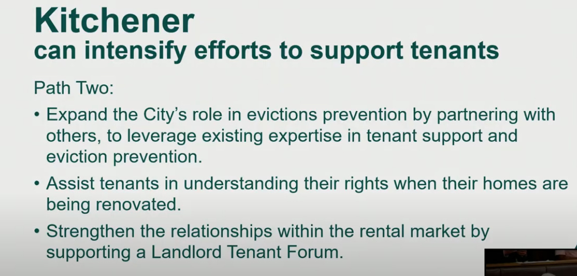 Slide deck image outlining Path Two, that would expand the city's role in evictions, but not create a renovictions bylaw.