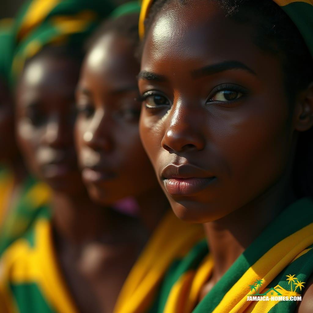 Modern-day Jamaican mothers throughout history, draped in vibrant garments fashioned from the Jamaican flag, depicted in a cinematic film still captured by a v-raptor XL. Shot on 35mm film with a subtle film grain and vignette, expertly color graded and post-processed to achieve atmospheric, cinematic lighting. A masterpiece of live-action photography, rendered in best quality, epic, stunning, and dramatic tones.