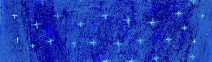 This may contain: a drawing of a building with stars in the sky above it on a blue background