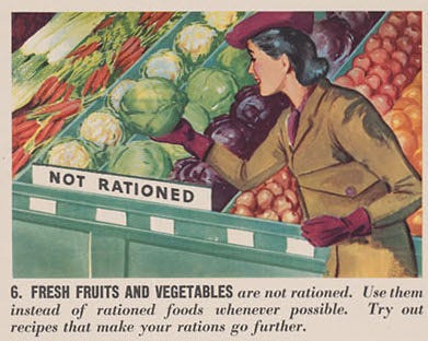 Photo: Office of Price Administration / Wikimedia Commons (Public domain) Title: "How to Shop With Ration Book Two". Subtitle: " ...To Buy Canned, Bottled and Frozen Fruits and Vegetables; Dried Fruits, Juices and all Canned Soups ". 1. Use This Ration Book. You may use one or all of your family's ration books when you sho