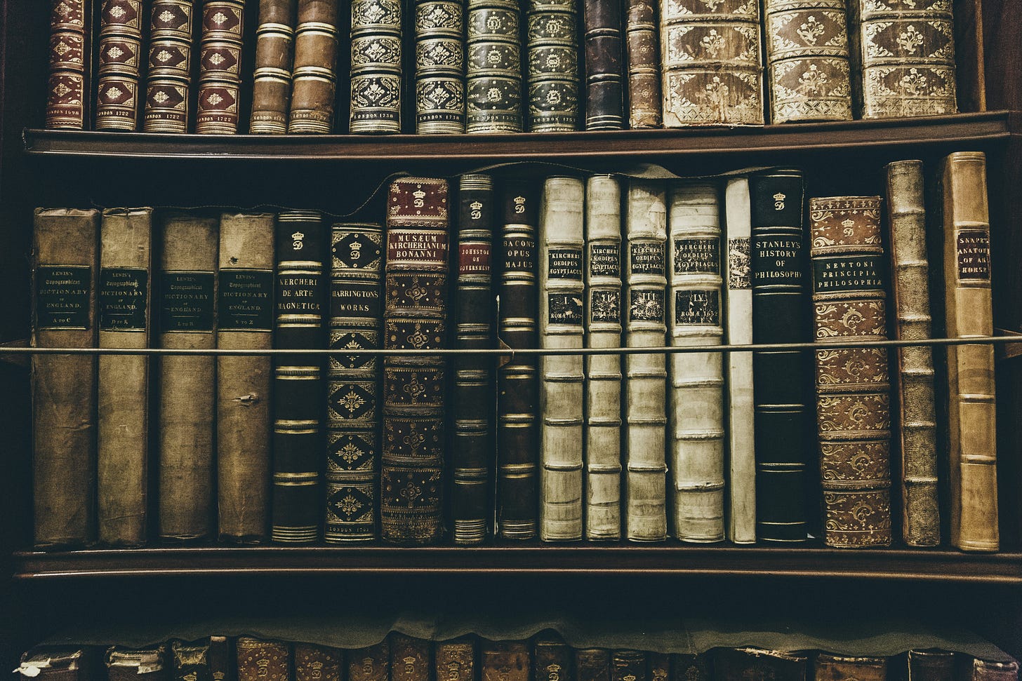 Photograph antiquarian books on three shelves in soft, warm light. Photograph antiquarian books on three shelves in soft, warm light.