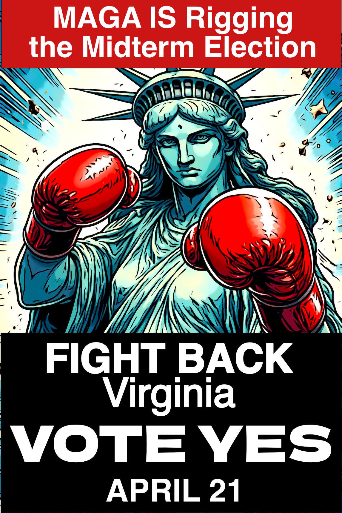 A very cool cartoon of the Statute of Liberty wearing boxing gloves and squaring up. The text above reads MAGA is rigging the midterm elections. Below, it reads "Fight Back Vote Yes." A very cool cartoon of the Statute of Liberty wearing boxing gloves and squaring up. The text above reads MAGA is rigging the midterm elections. Below, it reads "Fight Back Vote Yes."