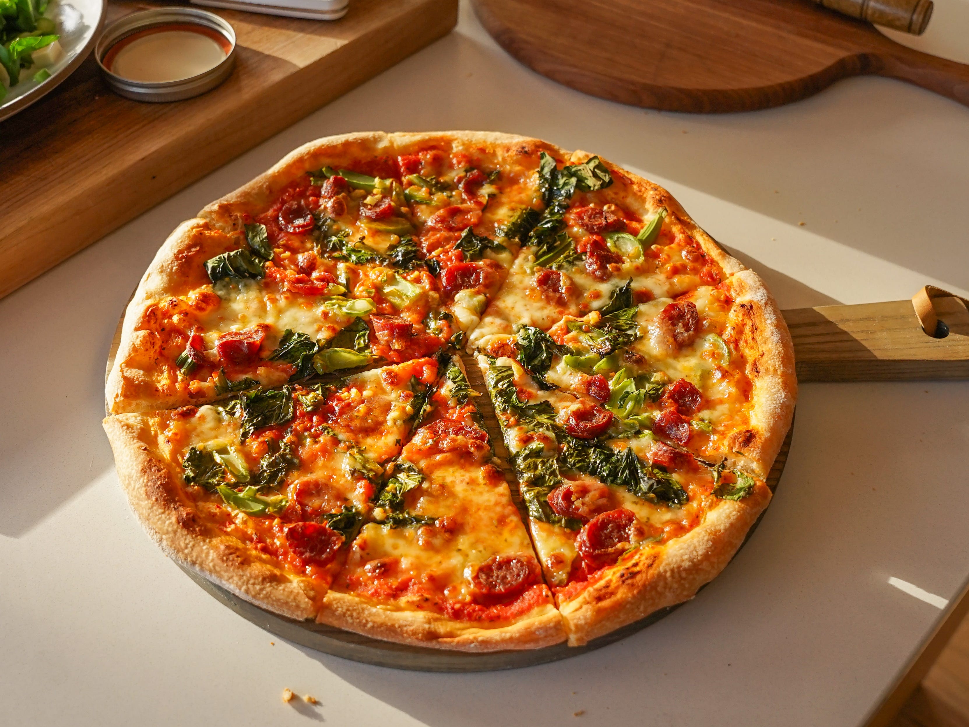 Gai Lan and Chinese Sausage Pizza - by Kristina Cho