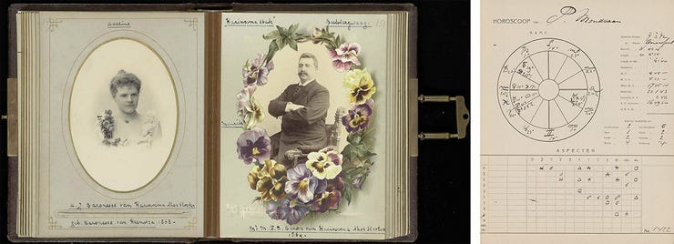 1. Fotoalbum van Jonkheer Gevers van Marquette, 1885-1915, collectie RKD 2. Mondriaans horoscoop, 1912, collectie RKD, archief Piet Mondriaan 1. Fotoalbum van Jonkheer Gevers van Marquette, 1885-1915, collectie RKD 2. Mondriaans horoscoop, 1912, collectie RKD, archief Piet Mondriaan