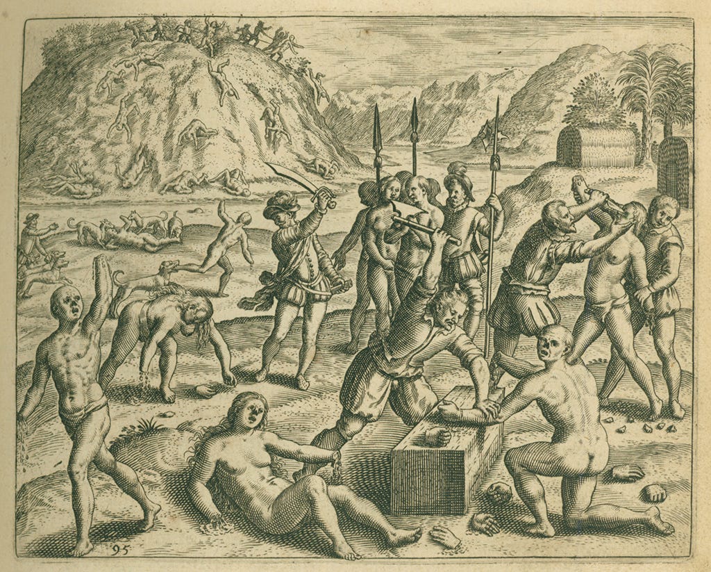 Spanish cutting off the hands and feet of native men who opposed them