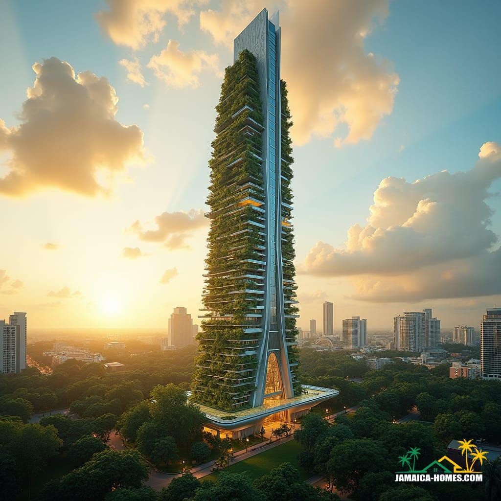 iconic skyscraper for downtown Kingston, Jamaica, that combines sleek, futuristic design with Jamaican cultural motifs.