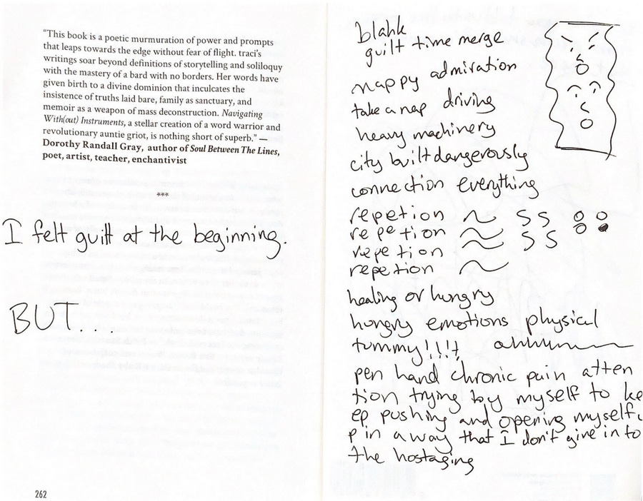 Two final pages from traci kato-kiriyama's Navigating With(out) Instruments, with a book review, a page full of stream-of-consciousness writing, and a "I felt guilt at the beginning," accompanied by a "BUT..."