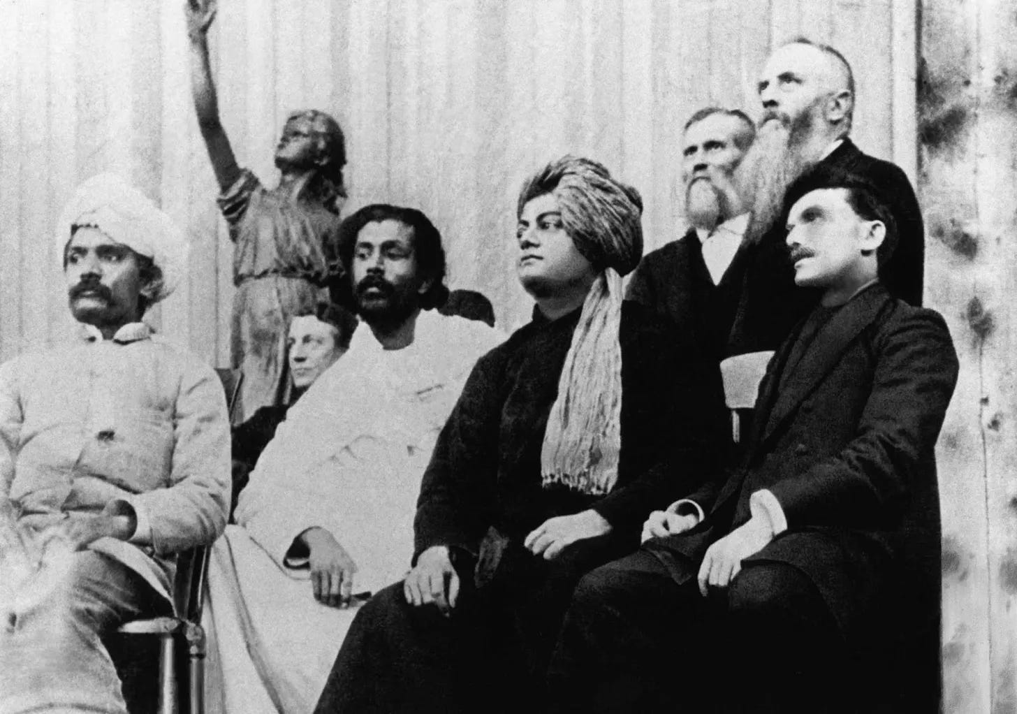 Swami Vivekananda at the Parliament of Religions in Chicago (1893) — a modern figure of Vedānta engaged with the world.