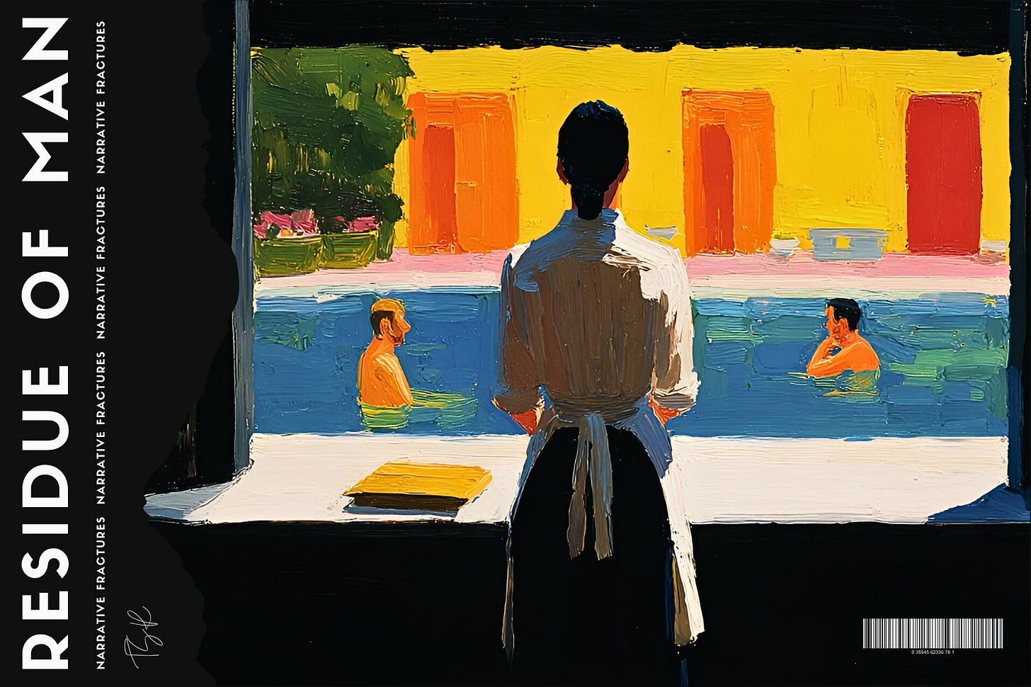 Magazine-style cover layout for the short story "Residue of Man." The image features a textured, impressionistic painting of a maid looking through a window at two men in a bright blue swimming pool against a vibrant yellow-and-orange background wall. The layout features a black border with the bold vertical title "RESIDUE OF MAN" and a repeated "NARRATIVE FRACTURES" subtitle, finished with a barcode graphic. Part of the Narrative Fractures series at The Subtext Review. Magazine-style cover layout for the short story "Residue of Man." The image features a textured, impressionistic painting of a maid looking through a window at two men in a bright blue swimming pool against a vibrant yellow-and-orange background wall. The layout features a black border with the bold vertical title "RESIDUE OF MAN" and a repeated "NARRATIVE FRACTURES" subtitle, finished with a barcode graphic. Part of the Narrative Fractures series at The Subtext Review.