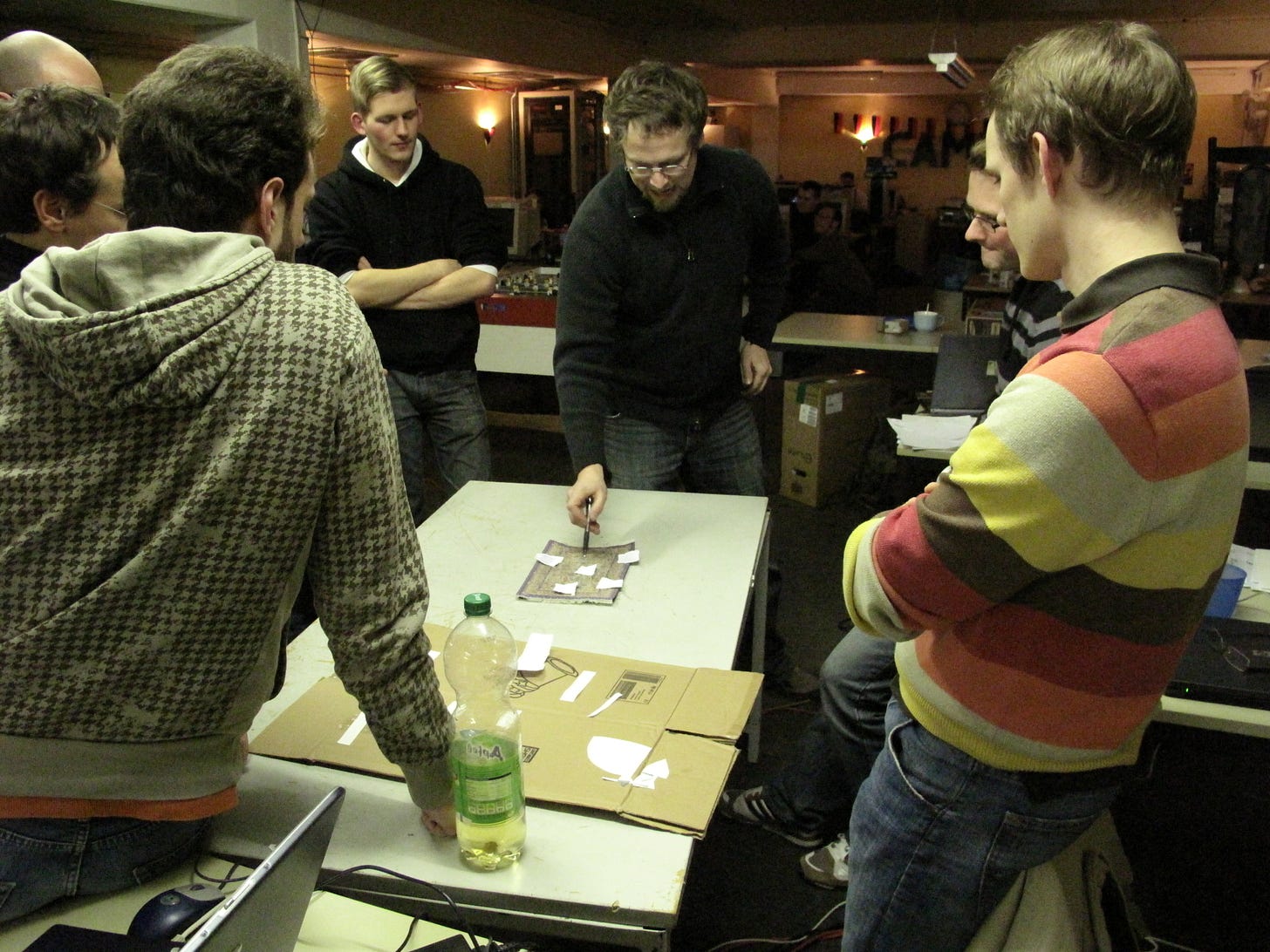 Discussing game prototypes at Global Game Jam 2009