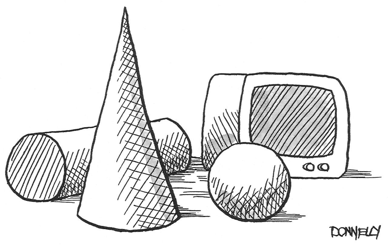 A cone a cylinder a sphere and a TV set. A cone a cylinder a sphere and a TV set.