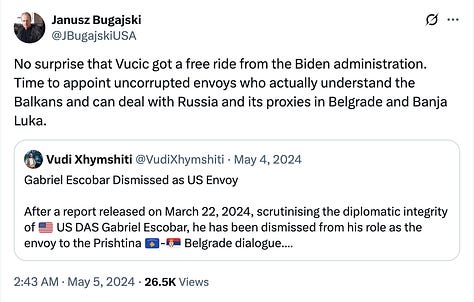 Tweets, 4–5 May 2024: my reports announcing Gabriel Escobar’s removal as U.S. envoy (two posts on 4 May) and, the following morning, Janusz Bugajski’s public endorsement, urging the appointment of uncorrupted envoys able to confront Russia’s proxies in Belgrade and Banja Luka.