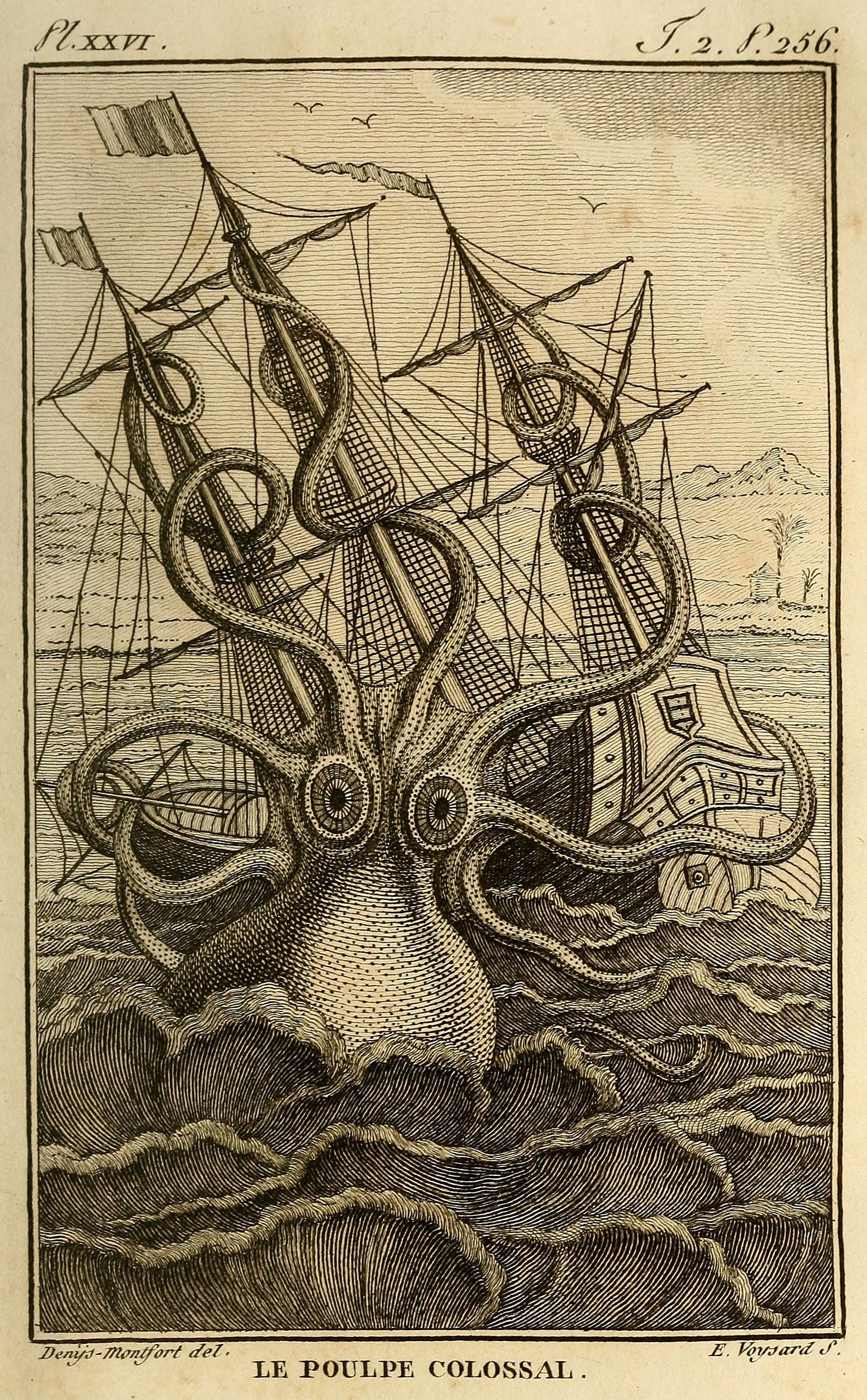 A black and white engraving showing an enormous octopus entwining a tall ship in its tentacles.