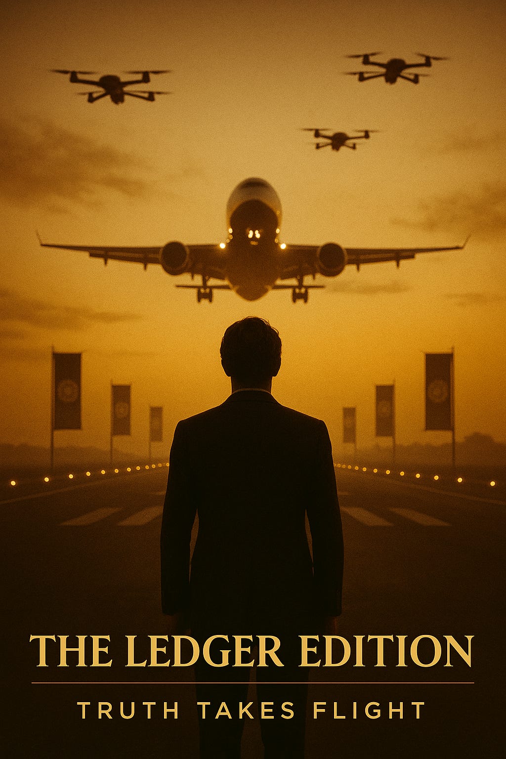 A grand hall of flags and disbelief as a glowing jet hovers where a throne should be.