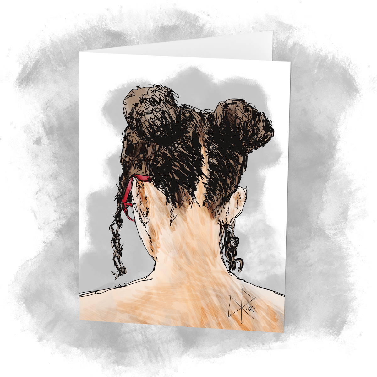 Close-up of the back of a woman’s head and shoulders, her hair tied up in buns. Peeking out from the opposite side of her skull, a fraction of the bright red frame of her glasses is visible. Sketch art by Don Rice. Close-up of the back of a woman’s head and shoulders, her hair tied up in buns. Peeking out from the opposite side of her skull, a fraction of the bright red frame of her glasses is visible. Sketch art by Don Rice.