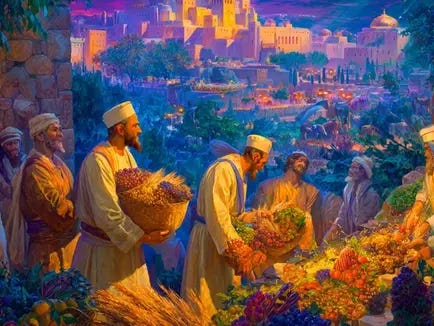 A vibrant, mystical painting of ancient Israelites in traditional robes presenting baskets of the seven species (wheat, barley, grapes, figs, pomegranates, olives, dates) as Bikurim offerings in a lush, colorful market scene. The background features a radiant Jerusalem skyline with golden buildings and domes under a twilight sky of deep blues and purples. The atmosphere is rich with spiritual energy, lush greenery, and a variety of fruits, illuminated by cinematic lighting.