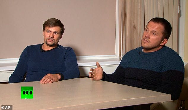 The investigative site Bellingcat later unmasked them as Ruslan Boshirov, a highly decorated military officer, and intelligence officer Alexander Petrov. They later gave an interview to Russian television in which they suggested they had been visiting Salisbury to see the cathedral