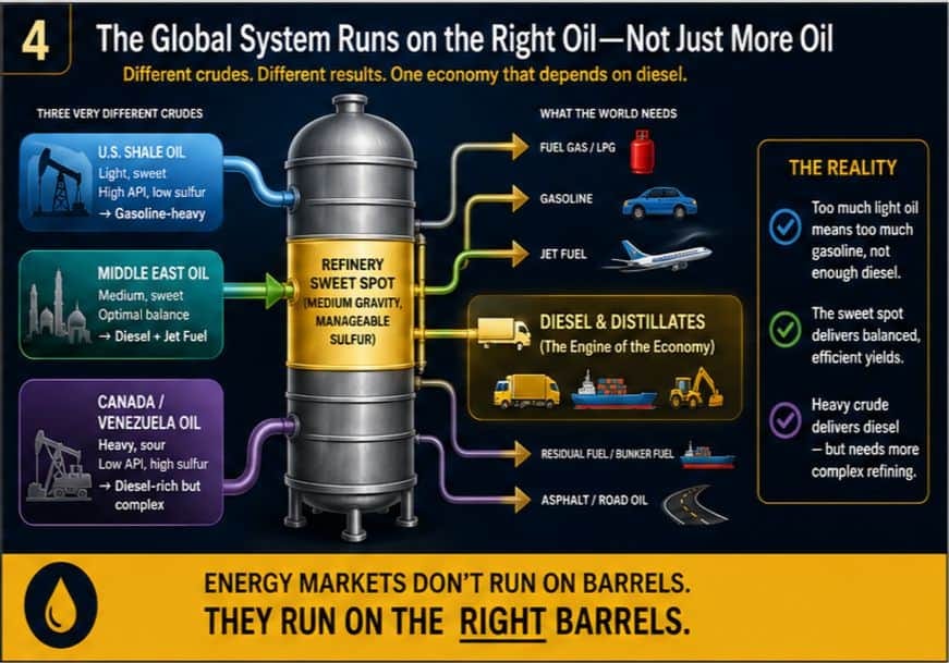 Graphic illustrating U.S. shale oil, Middle East oil and Canada/Venezela heavy oil and their uses.