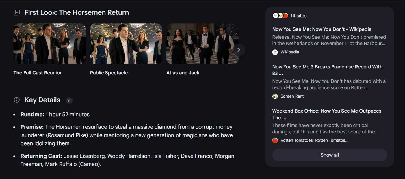 Screenshot of a Google AI Mode panel showing runtime, plot summary, and returning cast for “Now You See Me 3,” alongside three preview stills labeled “The Full Cast Reunion,” “Public Spectacle,” and “Atlas and Jack.”