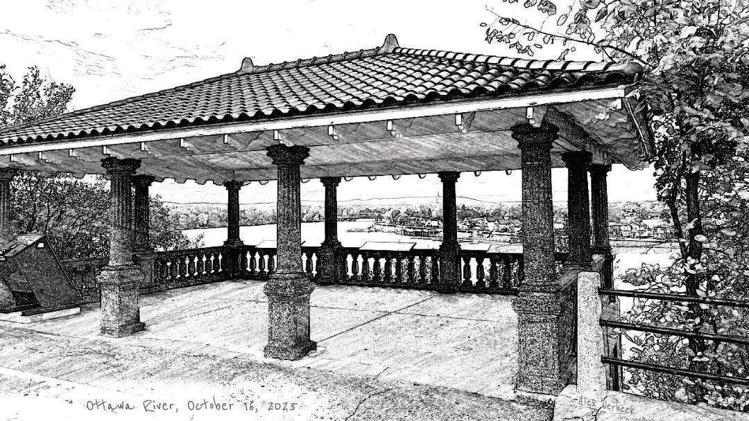 electronically made sketch of the described viewpoint over de river