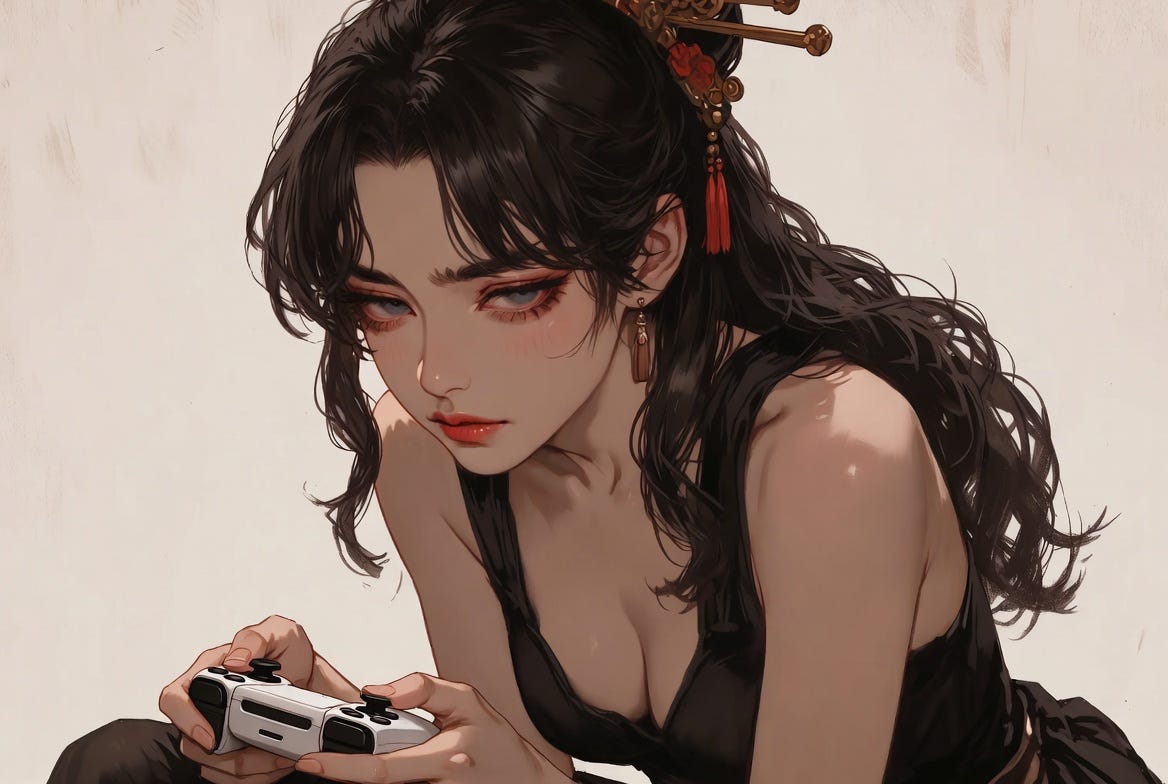 A simplistic anime-style illustration of a Korean woman holding a gamepad in a focused pose.