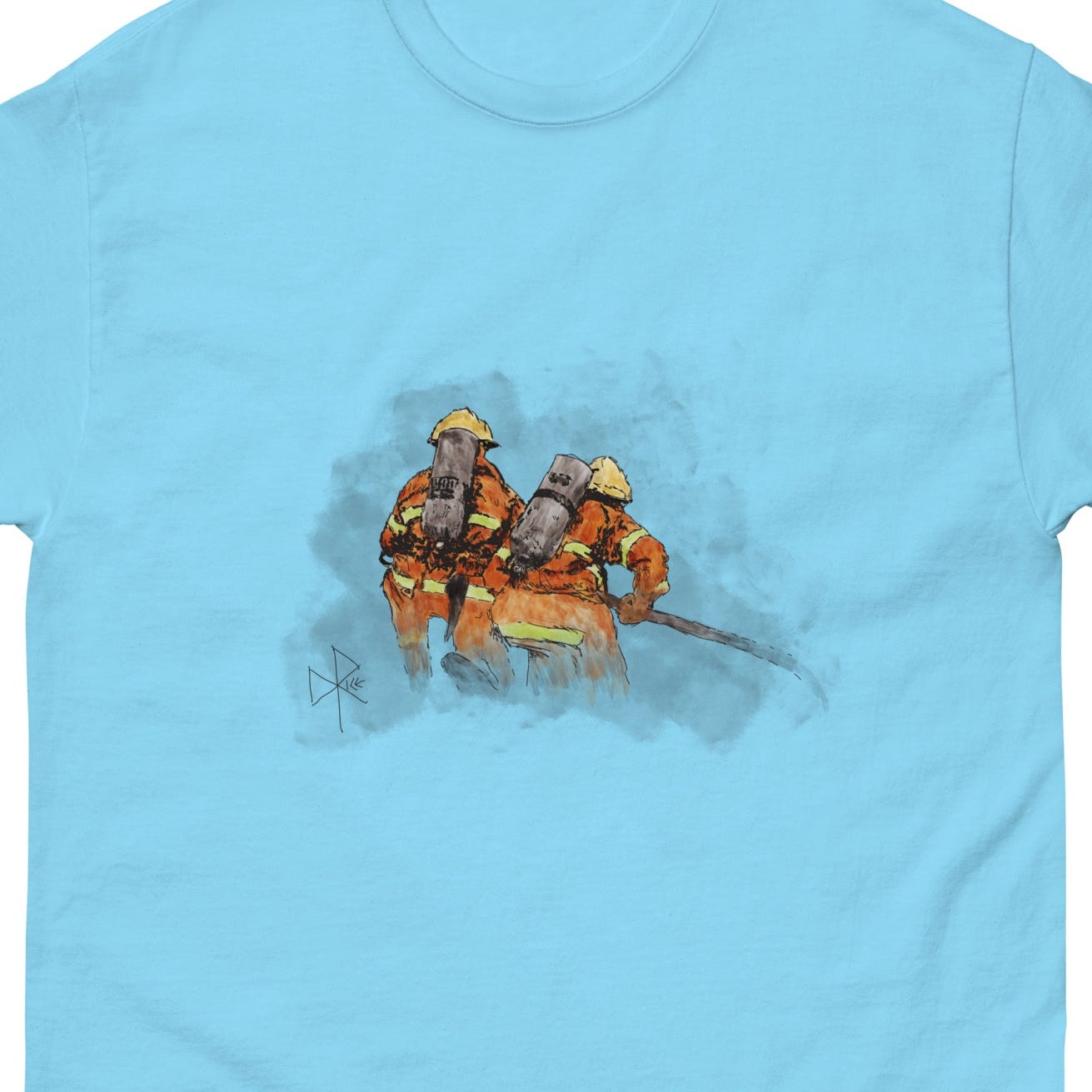 Two firefighters, on their knees, anchor the nozzle end of a hose. Sketch art by Don Rice. Two firefighters, on their knees, anchor the nozzle end of a hose. Sketch art by Don Rice.