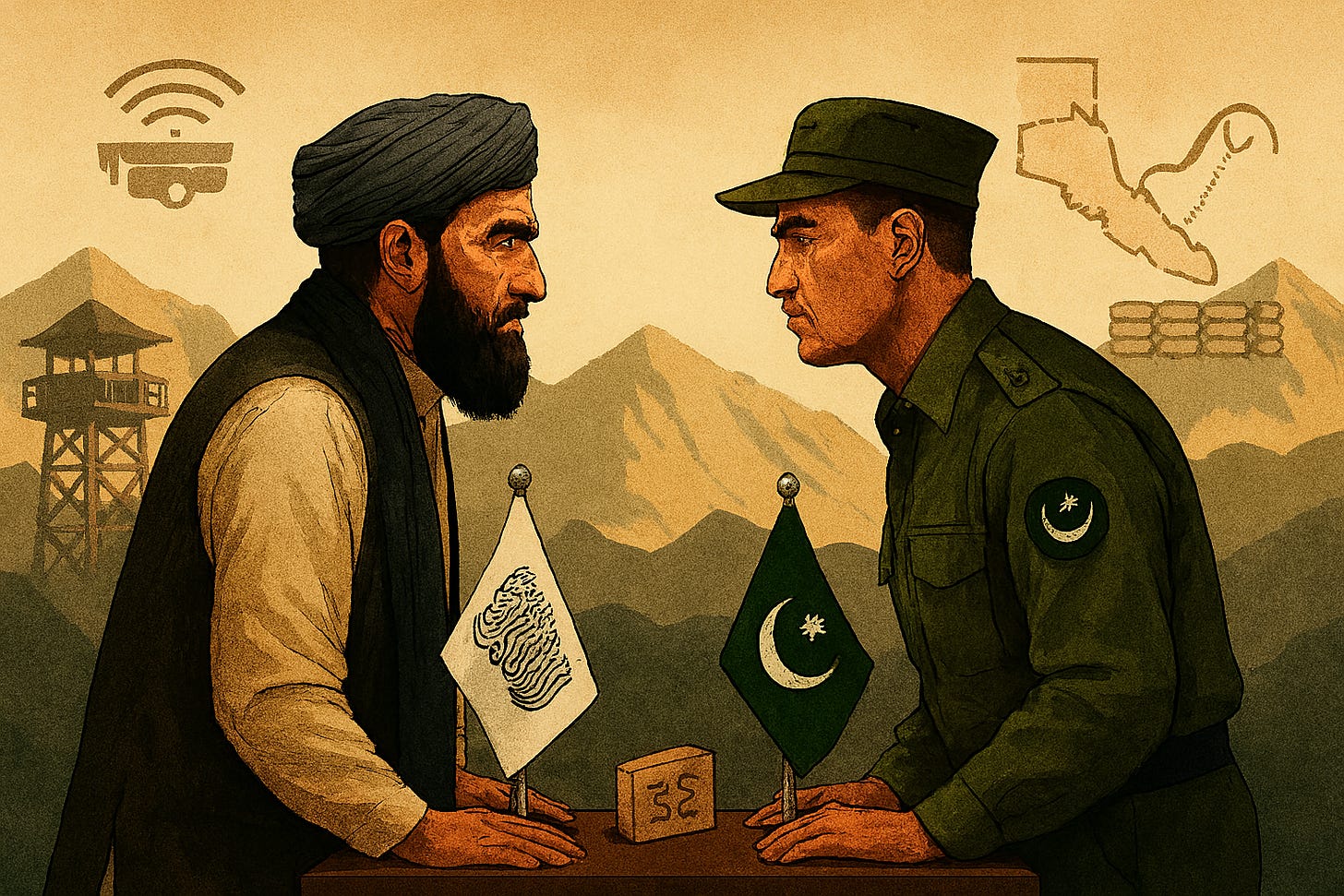 Enhanced symbolic illustration of a diplomatic negotiation between Afghanistan and Pakistan. The image features abstract figures representing each side—one in detailed traditional Afghan attire with turban and shawl, the other in stylized military uniform with insignia—seated across a negotiation table. The setting includes a realistic border checkpoint with surveillance towers, trade goods, and a conceptual map of the Durand Line. Flags of both nations are present, and the mood is serious and strategic.