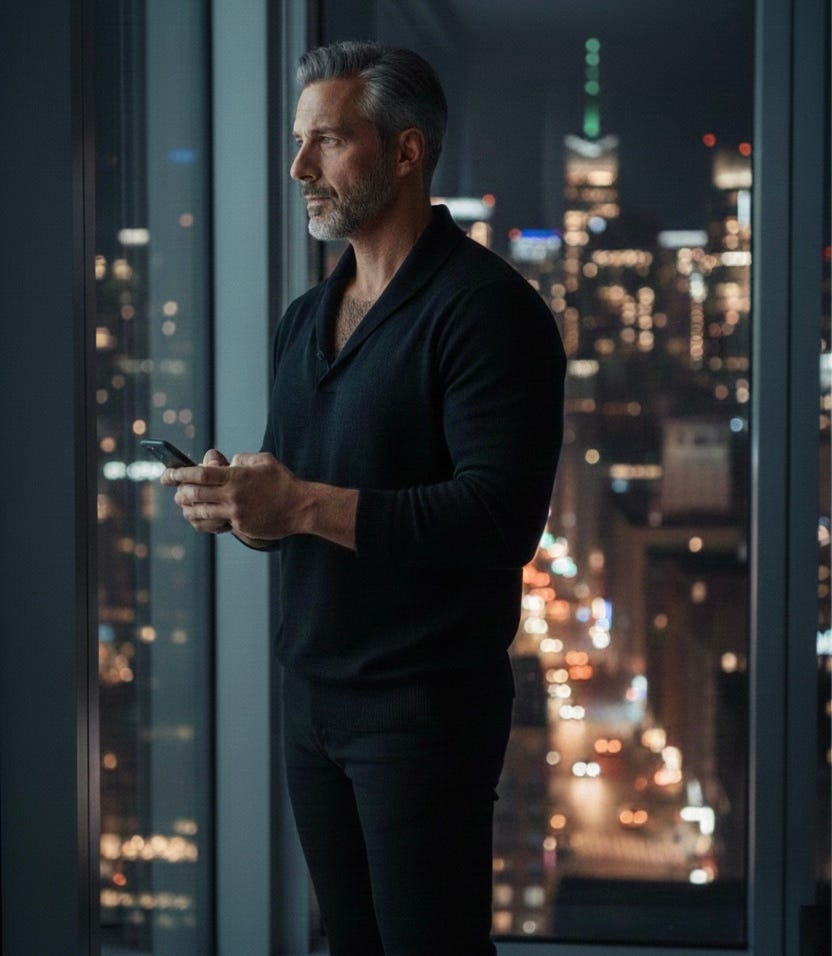 alt text:   author stands in a dimly lit new york apartment at night, holding his phone loosely while staring out over the blurred manhattan skyline. he wears a black open-collar sweater, sleeves pushed to the forearms. soft amber and blue lighting cut across his face, highlighting quiet exhaustion and emotional restraint. the mood is reflective, cinematic, and heavy. background: warm city lights out of focus. font color: black serif. background tone: cream. logo position: none. seo tags: masculine introspection, emotional maturity, men and relationships, mankeeping, cuffed musing 53.