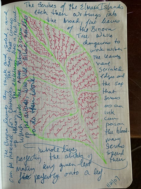 Photos of a journal showing a rough map, a family tree and history and a drawing of a leaf surrounded by writing