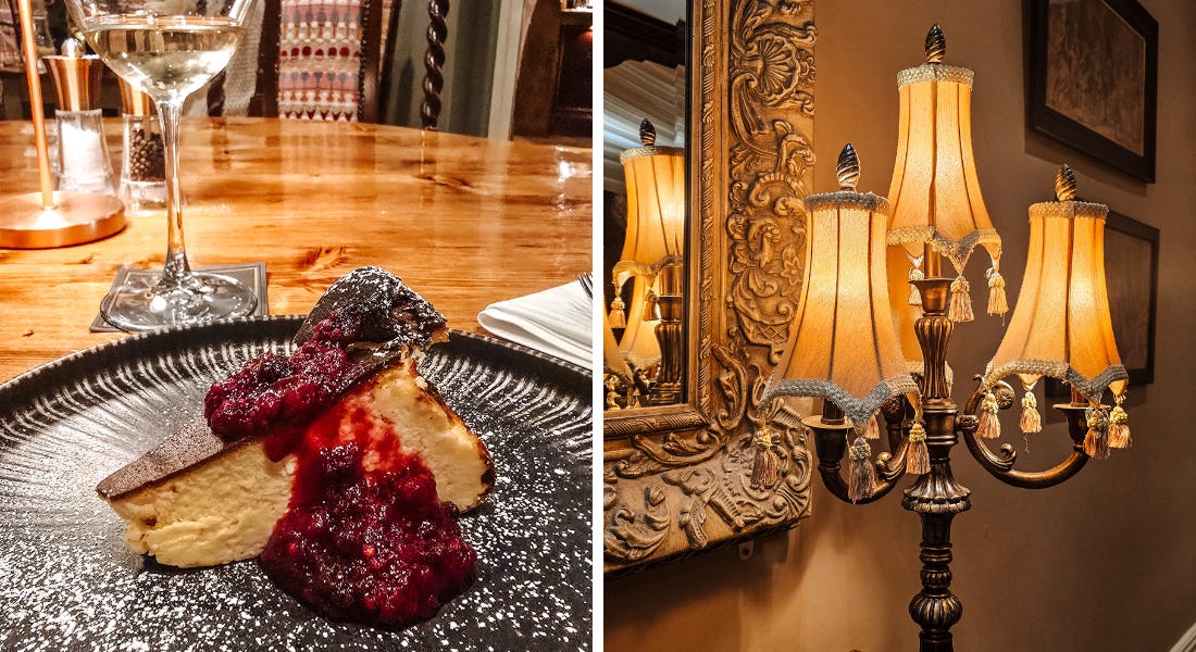 Two pictures - one of a slice of cheesecake on a black table, and one of a lamp next to a mirror