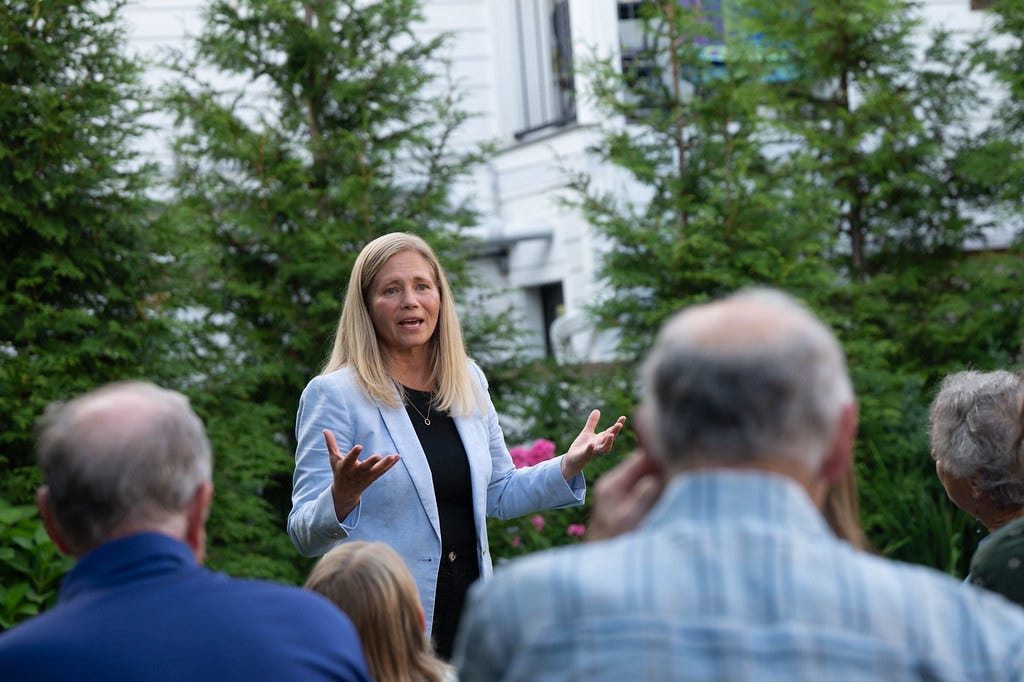 Hannah Pingree speaking to a crowd outside