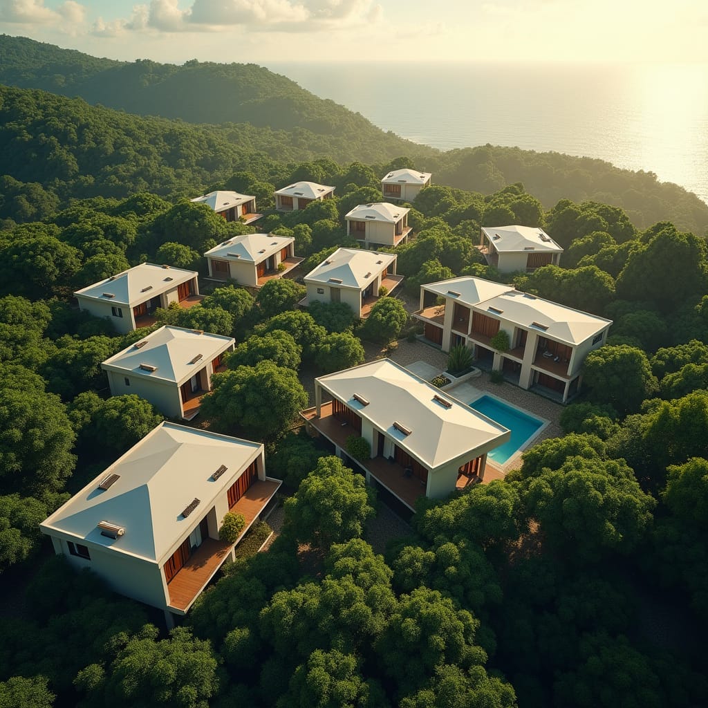 A sprawling development of 100 modern homes in Jamaica, set against a lush tropical backdrop