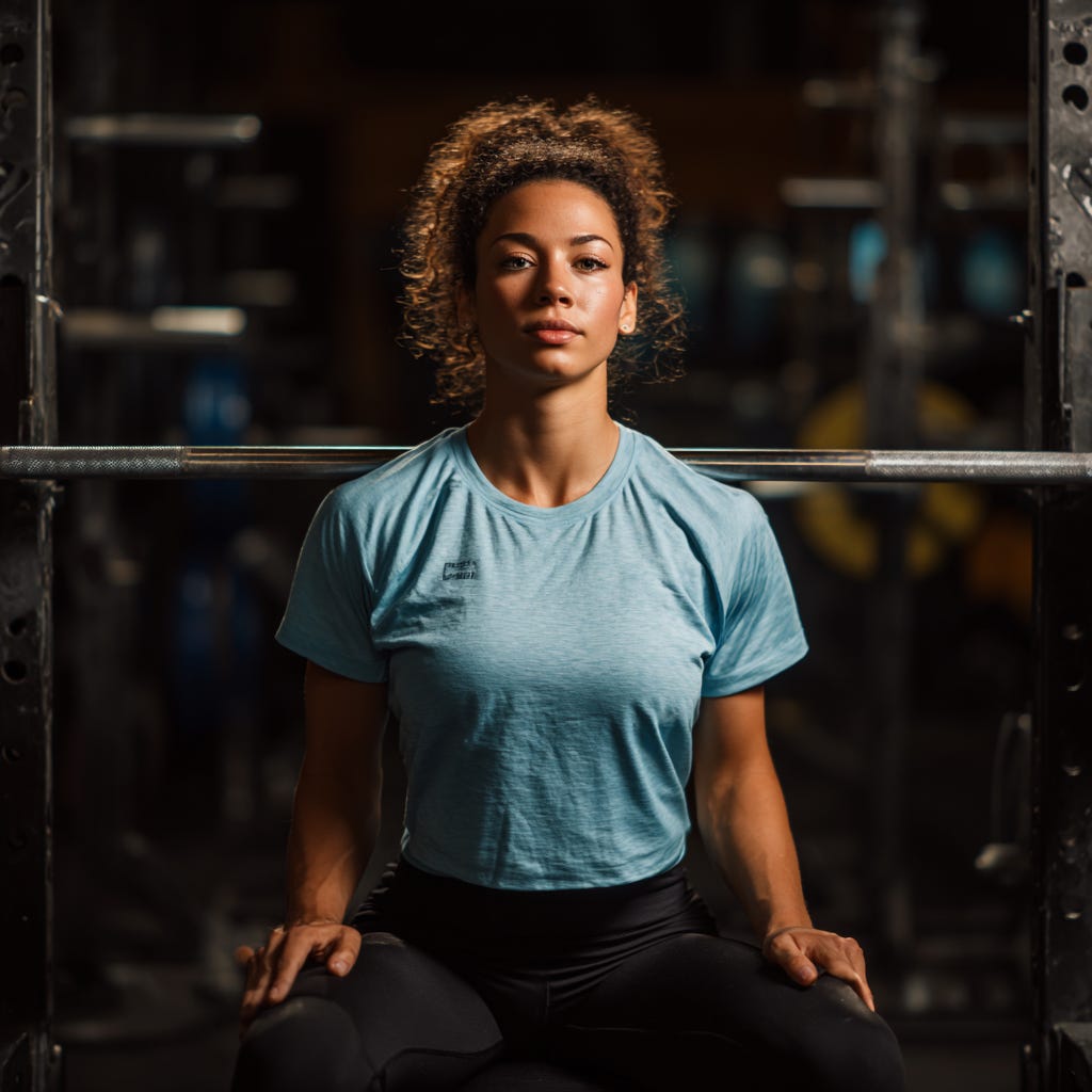 Strong woman wearing a light blue t-shirt setting up for a heavy barbell bench press. 