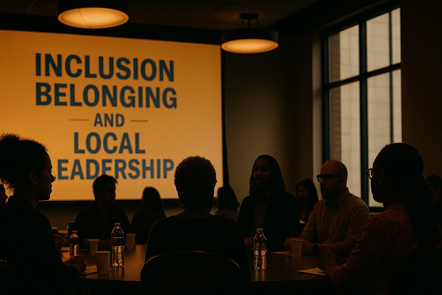 Conference attendees sit in silhouette at round tables facing a large presentation screen with the words “Inclusion, Belonging, and Local Leadership” projected in bold letters. Conference attendees sit in silhouette at round tables facing a large presentation screen with the words “Inclusion, Belonging, and Local Leadership” projected in bold letters.