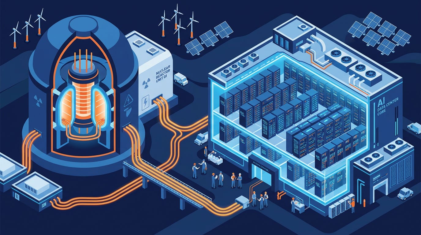 Flat isometric illustration of a huge nuclear reactor powering an enormous AI data center filled with glowing server racks, thick electrical cables connecting the reactor directly to the data center, several smaller wind and solar installations in the background, tiny engineers standing between the reactor and servers, dark navy background, clean vector art style, bold blue, orange and white accents, modern energy technology editorial aesthetic Flat isometric illustration of a huge nuclear reactor powering an enormous AI data center filled with glowing server racks, thick electrical cables connecting the reactor directly to the data center, several smaller wind and solar installations in the background, tiny engineers standing between the reactor and servers, dark navy background, clean vector art style, bold blue, orange and white accents, modern energy technology editorial aesthetic