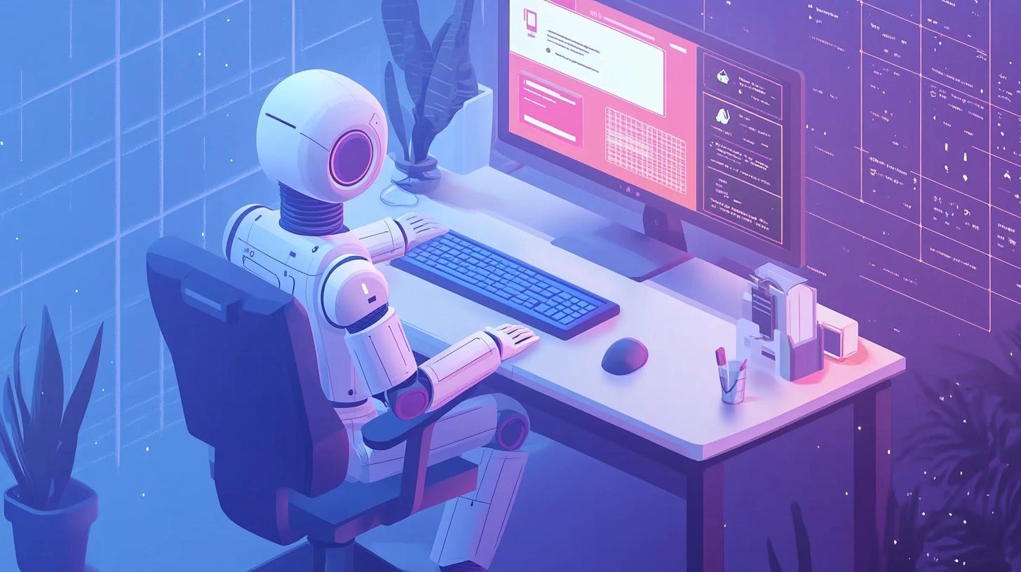 A humanoid robot sits at a desk using a computer, surrounded by plants and a glowing interface, suggesting an AI agent working autonomously in a digital workspace.