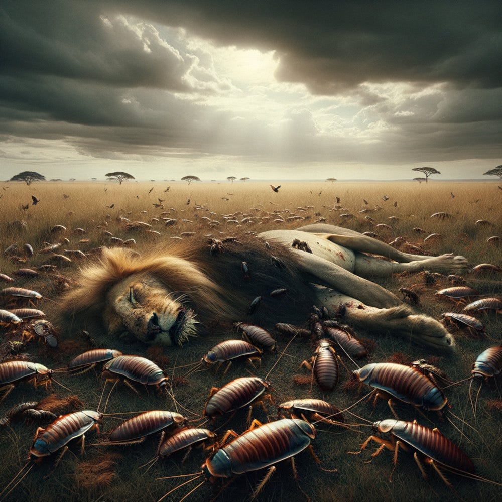 Cockroaches feasting on a dead lion