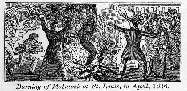 The burning of the Black riverboat man, Francis McIntosh, in St. Louis, 1836. The burning of the Black riverboat man, Francis McIntosh, in St. Louis, 1836.