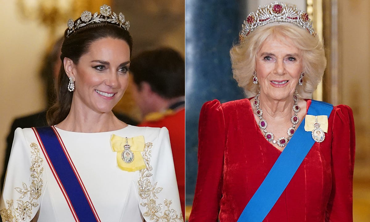 kate middleton and queen camilla wear tiaras at south korean state banquet