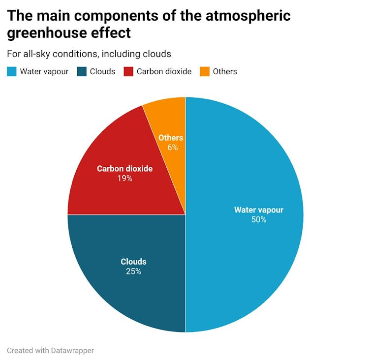 A pie chart showing the components of the total greenhouse effect, with water vapour responsible for 50% A pie chart showing the components of the total greenhouse effect, with water vapour responsible for 50%